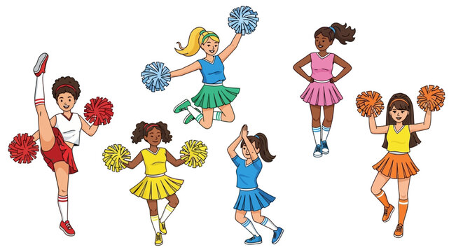 Set of cartoon cheerleader girls with pom-poms in various dynamic poses showing team spirit and diversity