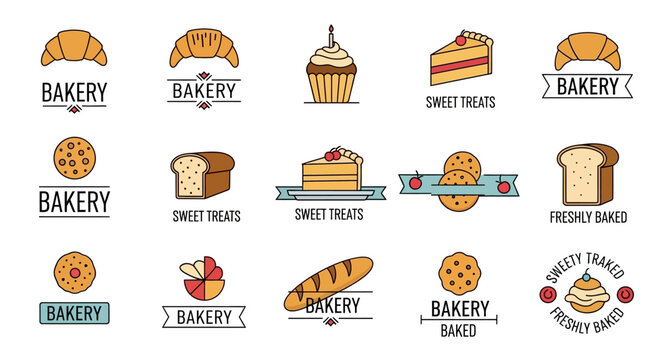 Vector collection of modern bakery and patisserie logo icons, showcasing croissant, cupcake, and cookie illustrations