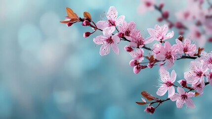 Close Up Branch With Pink Blossoms and Buds Against Blue Bokeh Background
