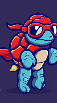 Cartoon blue turtle character with a red shell, goggles, and a jetpack on a dark purple background.
