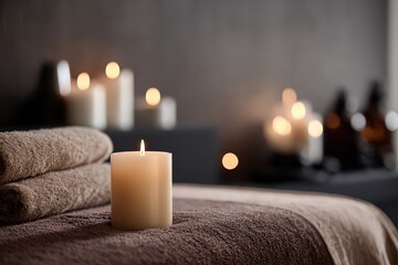 Cozy Spa Scene with Burning Candle and Stacked Towels in Warm Light and Dark Grey Background for Relaxation