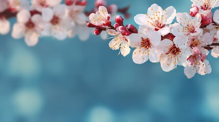 Delicate Cherry Blossom Branch with White Flowers and Red Buds Against Soft Blue Background