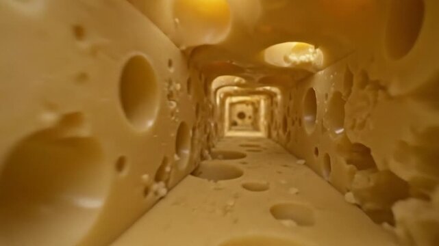Curious flythrough inside a textured Swiss cheese block