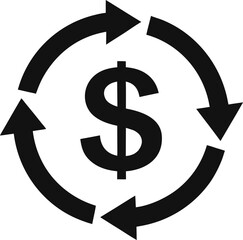 Black dollar sign with circular arrows indicating exchange isolated on transparent background