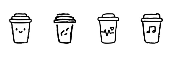 Coffee Cup Line Icon Set In Doodle Style. Emotions, Energy, Health, And Music Themes Outline Sketch Collection. Hand Drawn Isolated Vector Illustration