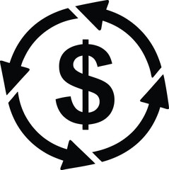 Black dollar sign with circular arrows indicating exchange isolated on transparent background