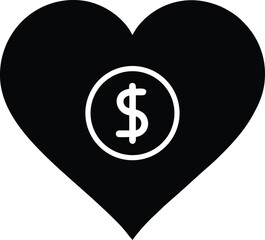 Black heart with a dollar sign inside symbolizing donation and money isolated on transparent background