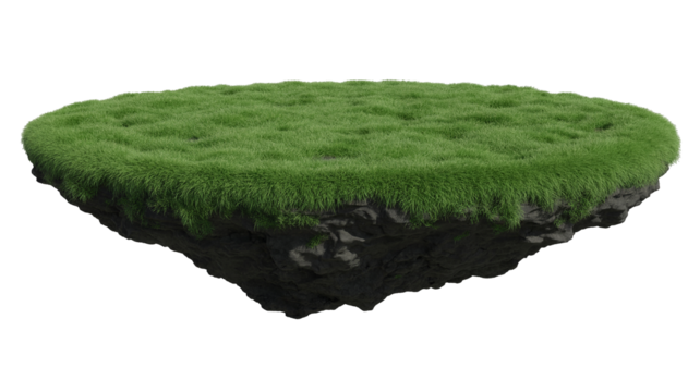 Floating island isolated on transparent background, with lush green grass and rocky base for fantasy landscapes and creative compositions