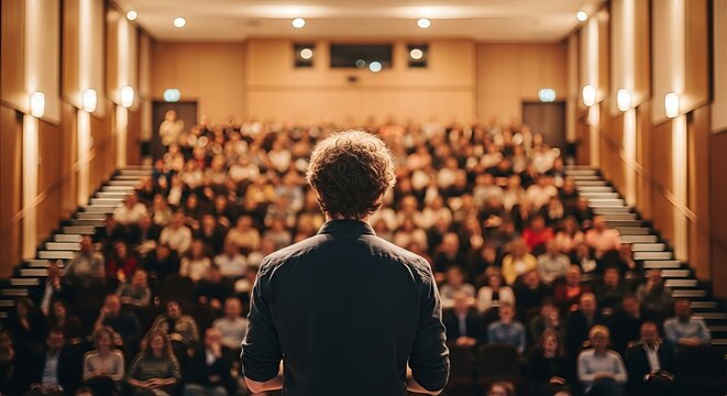 Captivating auditorium scene featuring a speaker addressing a focused and attentive audience