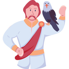Man in White Tunic with Red Sash and Eagle Perched on Shoulder Isolated on White Background