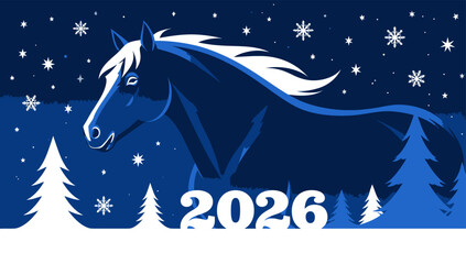 Majestic horse silhouette with snowflakes and pine trees celebrating the year 2026