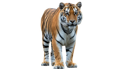 Obraz premium Majestic tiger standing proudly isolated on transparent background, showing strength and beauty, perfect for wildlife and conservation projects