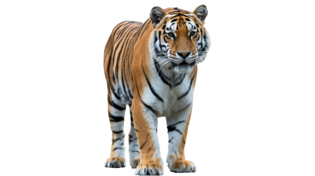 Majestic tiger standing proudly isolated on transparent background, showing strength and beauty, perfect for wildlife and conservation projects