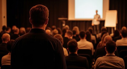 Captivating conference audience observing a speaker presenting innovative strategy