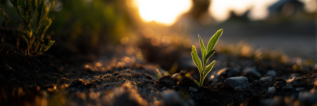 A green shoot emerges from the ground at sunset. The background is completely out of focus