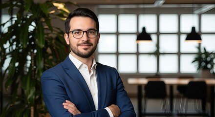 Confident businessman in modern office setting showcasing professional appearance and positive