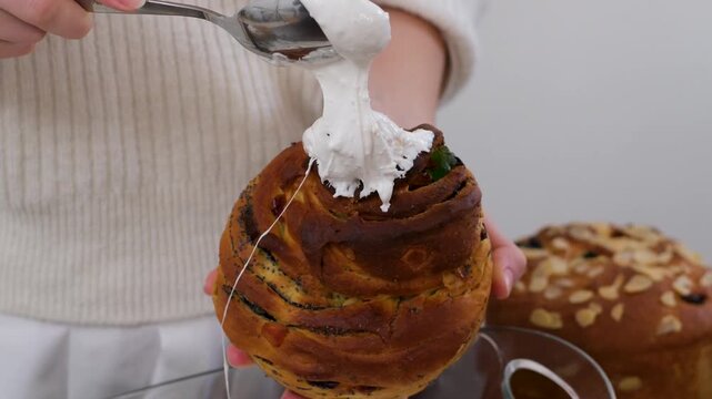 baking for Christmas Easter Making homemade cruffin step by step, rolling yeast dough, spreading butter and poppy seeds, adding dried fruits, baking layered cruffins, cooking process in the kitchen