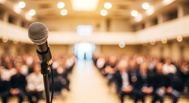 Conference hall perspective highlighting a microphone stage presence and crowd anticipation