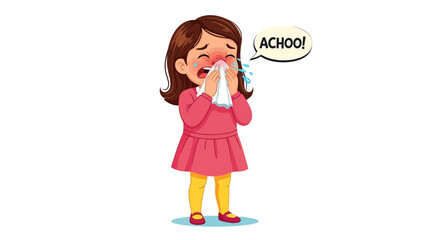 Little Girl Sneezing with Tissue, Cold and Flu Symptom Illustration