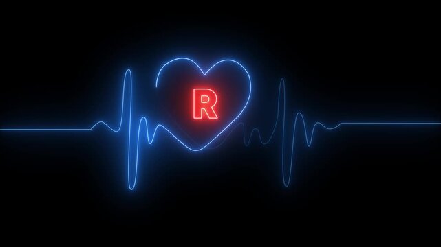 Red Letter R Inside Blue Neon Heart With Blue Electrocardiogram Line On Black Background love