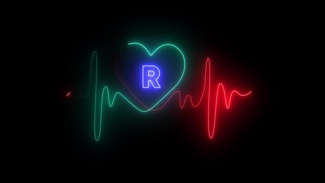 Blue Letter R Inside Teal Neon Heart With Red And Green Electrocardiogram Line On Black Background love