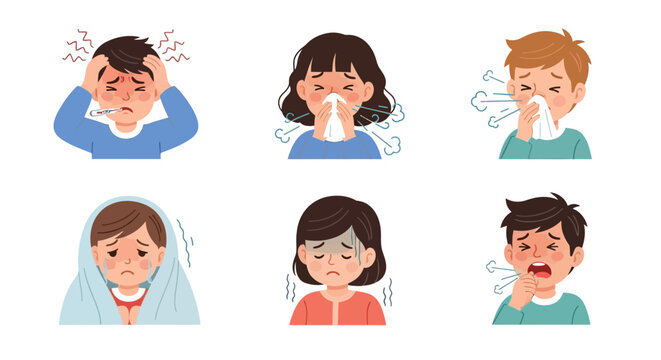 Collection of sick children characters with flu and cold symptoms like fever, cough, and headache. Vector illustrations set