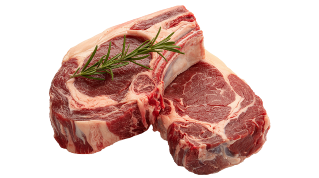 Juicy raw ribeye steaks isolated on transparent background,  with rosemary sprig, ready for grilling and summer barbecue parties