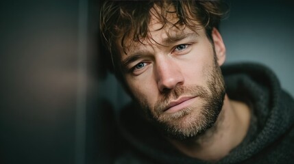 Pensive Bearded Man with Blue Eyes in Moody Lighting and Casual Outfit
