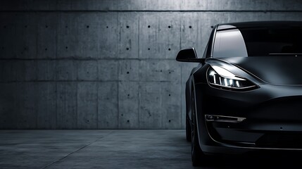 Sleek matte dark car prominently displays cool headlights against a minimalist, modern backdrop.