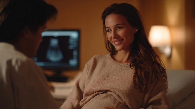 A pregnant woman smiling softly as a clinician points to the baby’s outline on an ultrasound screen, warm ambient lighting creating a calm, emotional setting — prenatal care, maternal wellness, and