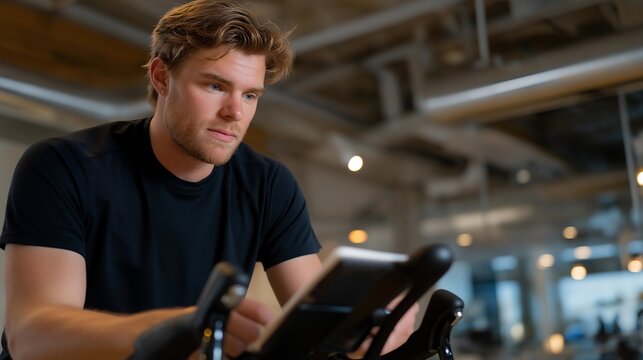 An industrial engineer testing a kinetic energy recovery system on a stationary bike, tracking power generation on a digital dashboard — sustainable engineering, human-powered energy, and fitness