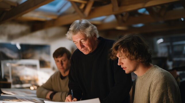 A historical documentary crew scanning old photographs and letters with portable lights and overhead rigs, historian speaking passionately about preserved memories — archival storytelling, heritage