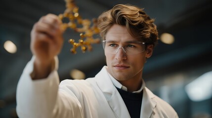 A scientist adjusting a holographic molecule model that expands outward into layered structures, revealing deeper atomic patterns — scientific discovery, research visualization, and breakthrough