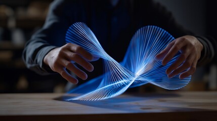 A futuristic concept of a laser hologram floating above a desk, vibrant blue lines forming a rotating 3D object controlled by hand gestures — augmented reality, interactive display technology, and