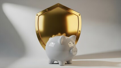 Piggy bank in front of a golden shield symbolizing financial security and savings