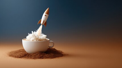 Creative Concept of Rocket Launching from Coffee Cup in Surreal Composition