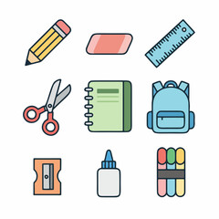School Supplies Icon Set – Pencil Eraser Ruler Scissors Notebook Backpack Glue Vector Pack