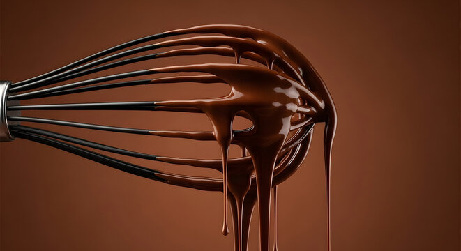 A kitchen whisk dripping with smooth dark chocolate