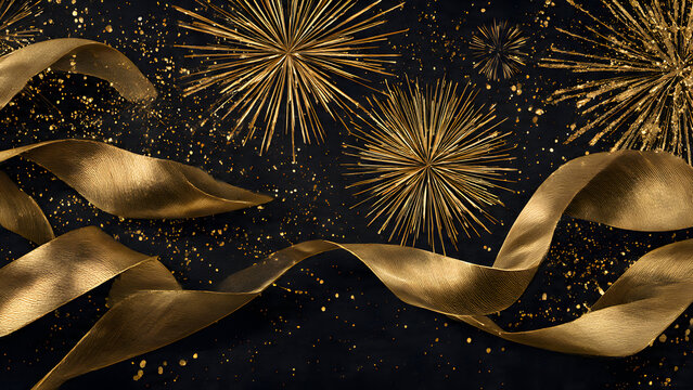 Glamorous greeting card template with golden fireworks and luxurious ribbon arrangement