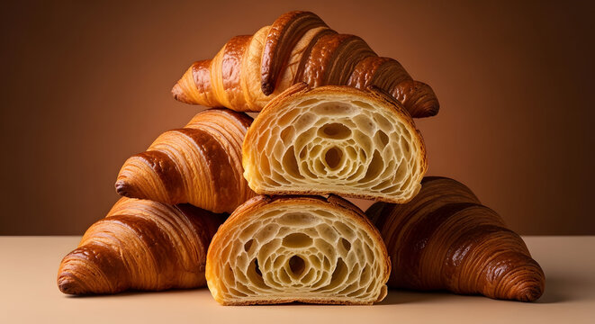A stack of golden brown croissants with a flaky half