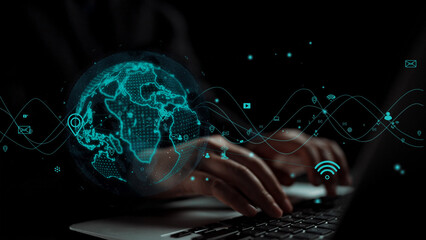 Hands are seen typing on a laptop, surrounded by a glowing globe and dynamic data visualizations, symbolizing communication and technological advancement. Xenic