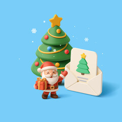 3D Christmas tree with a wish list and a happy Santa character with a gift. Blue banner with snow. For Merry Christmas and gift concepts. Vector illustration.