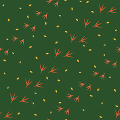 Abstract Pattern With Birds Tracks And Yellow Seeds On Green Background