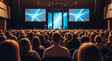 Engaged audience attentively watching a speaker present on a large stage adorned with vibrant