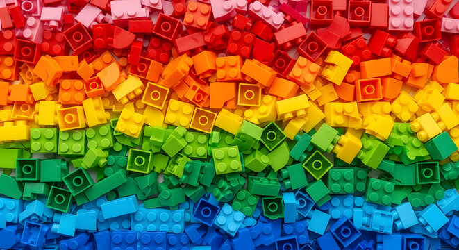 Colorful plastic toy bricks sorted in a rainbow hue
