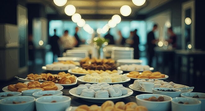 Elegant culinary presentation at a business event with pastries and light appetizers
