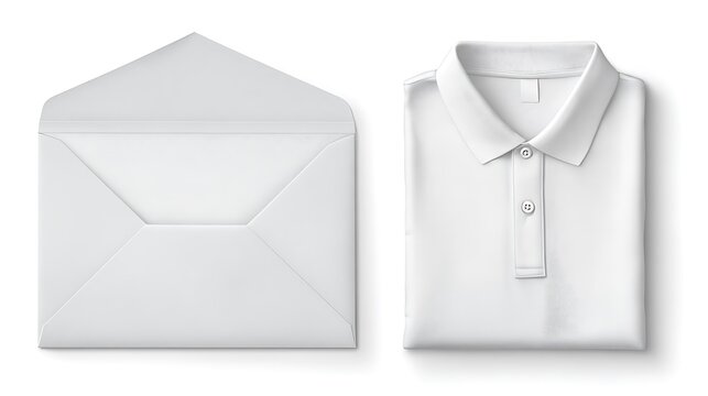 Standard 10 envelope with flap in front and back views isolated on white background polo shirt mockup with front and back views on white background.