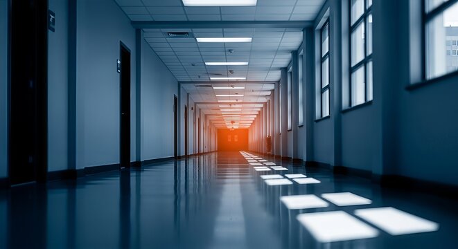 Endless corridor with stark illumination and reflections creating symmetrical patterns