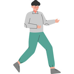 Man in Grey Long Sleeve Shirt and Teal Pants Walking Confidently with Arms Outstretched on a Transparent Background