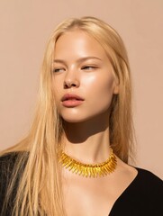 Golden necklace beauty portrait of blonde woman in warm light, holiday content for luxury branding, advertising, and digital design